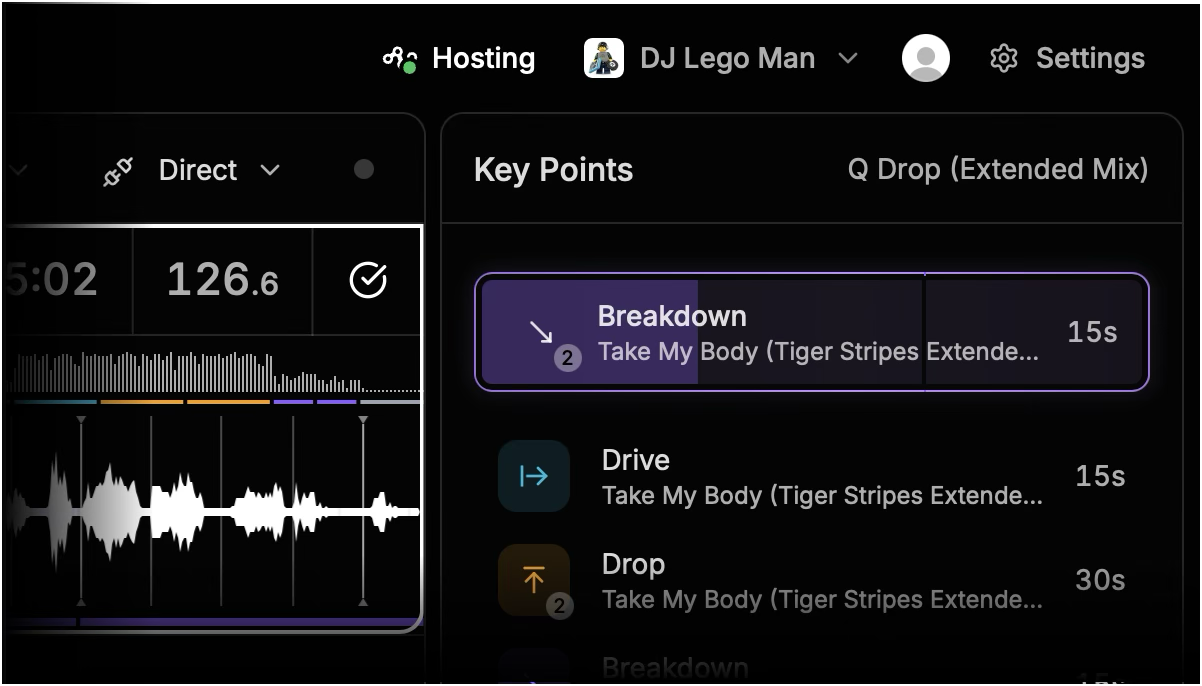 Time-line Live showing the Hosting status in the top right of the menu bar, next to the DJ name and Settings